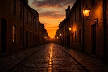 Batı sokağı: gün batımında taş döşeme ve fener şeridi