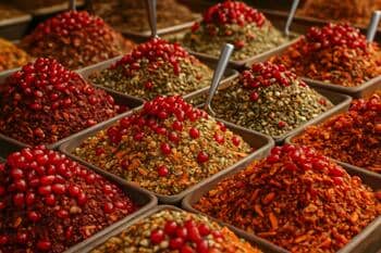 Baharat ve kuru meyve: tezgâhta nar taneleriyle karışımlar