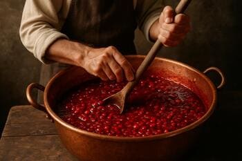 Reçel ustası: bakır tencerede nar reçeli karıştırıyor