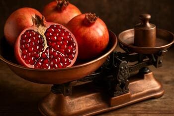 Bakır terazide tartılan parlak taneli narlar