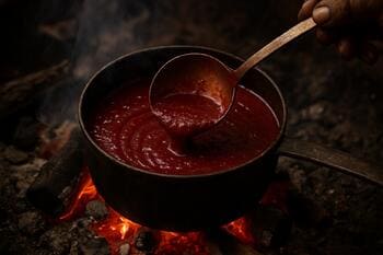 Közde pişen nar sosu: kepçeyle yavaşça karıştırılıyor