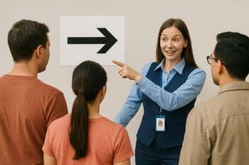 Grup yönlendirme: görevli ok işaretiyle rota gösteriyor