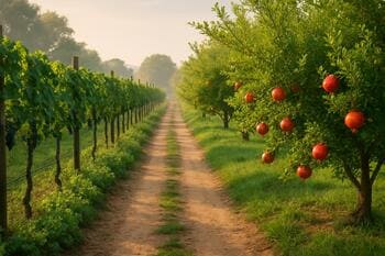 Sabah turu: bağda yürüyüş ve nar ağaçları arasında patika