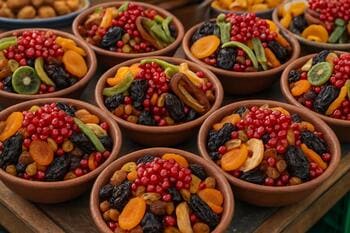 Tezgâhta nar taneleriyle karışmış kuruyemiş kâseleri