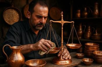 Bakır ustası tezgâhında parlatma yaparken