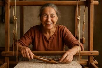 El dokumacısı: tezgâh başında gülümseyen portre