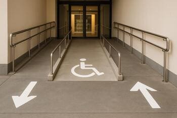 Geniş girişte erişilebilir rampa ve yön okları