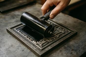 Baskı atölyesinde rulo ile kalıba mürekkep sürülüyor