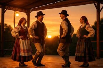 Folk sahnesi: sıcak ışıklar ve geleneksel kostümler