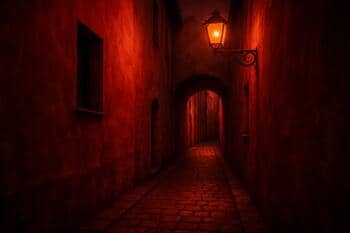 Nar tonlu ışıkla aydınlanan dar cadde geçişi