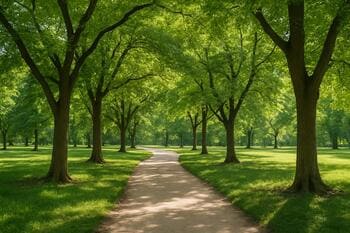 Park içinden geçen yürüyüş yolu, gölge veren ağaçlar