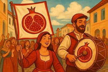 Kortej başlangıcı: nar motifli bayrak ve davul