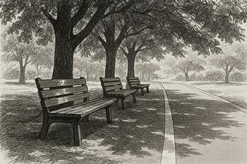 Gölgelik geçiş: ağaç altı banklar ve işaret çizgisi