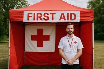 İlkyardım çadırı: kırmızı işaret ve görevli