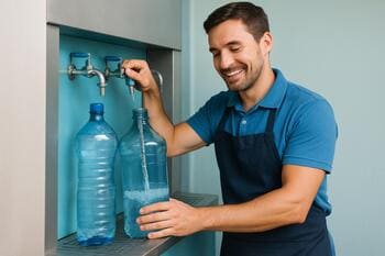 Su dolum noktası: görevli şişeleri dolduruyor