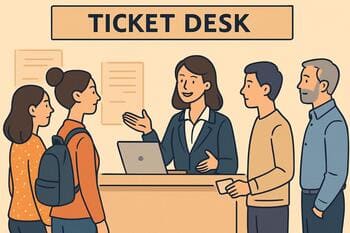Bilet masası: bilgi veren görevli ve küçük sıra