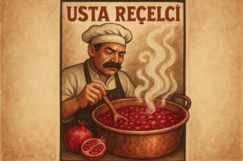 Bakır tencerede nar reçeli karıştıran usta