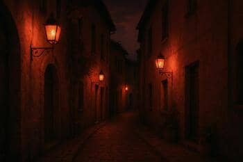 Fenerlerle aydınlanan dar sokak: nar tonlu ışık ve yumuşak gölgeler