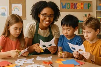 Çocuk atölyesinde gönüllü: maske kesen küçük bir ekip
