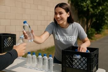 Gönüllü su dağıtımı: şişeler kasadan standa taşınıyor