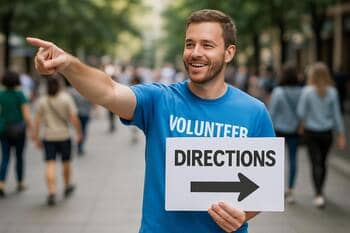 Yönlendirme yapan gönüllü: elinde tabela ile kalabalığa yol gösteriyor