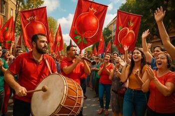 Festival korteji: nar motifli flamalar, davul-zurna ve alkışlar