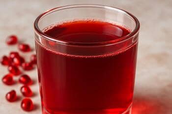 Taze nar suyu bardağı: cam yüzeyde kırmızı yansımalar