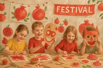 Çocuk atölyesi: karton maskeler, kırmızı boyalar ve nar taneleri