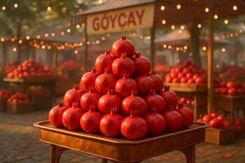 Göyçay nar pazarı: bakır tezgâhta piramit narlar ve sabah ışığı