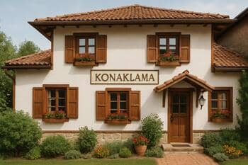 Misafirhane: ahşap cephe ve sıcak ışıklar