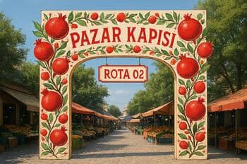 Göyçay pazar kapısı: nar motifli tak ve kalabalık giriş