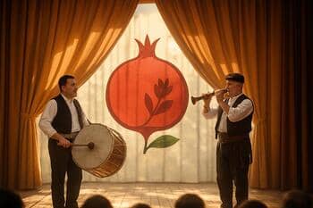 Açılış ritüeli: davul-zurna sahnesinde nar motifli perde