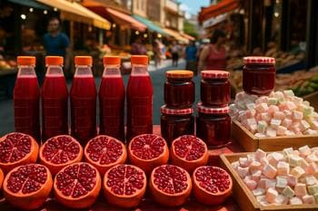 Öğle pazar: nar suyu preslenirken cam şişeler