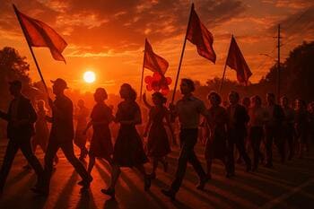 Akşamüstü kortej: kızıl gün ışığında yürüyüş